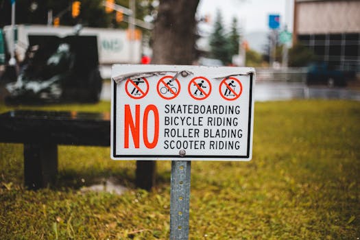 Bright signboard with restrictive title and images of vehicles on grass meadow in town